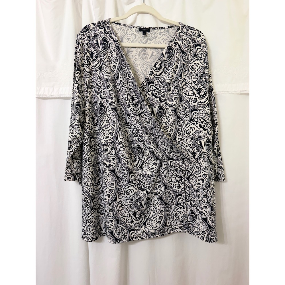Talbots Plus Womens 3X Black White Paisley Faux Wrap Top 3/4 Sleeve Poly Blend